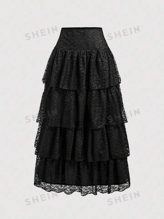 SHEIN MOD Falda larga de encaje negro de cintura alta con volantes, falda de otoño, atuendo de regreso a la escuela, falda negra, atuendo de cumpleaños, atuendo de viaje por crucero para mujeres, falda francesa, atuendo de brunch, falda de trabajo para mujeres, falda de campo, atuendo de Halloween