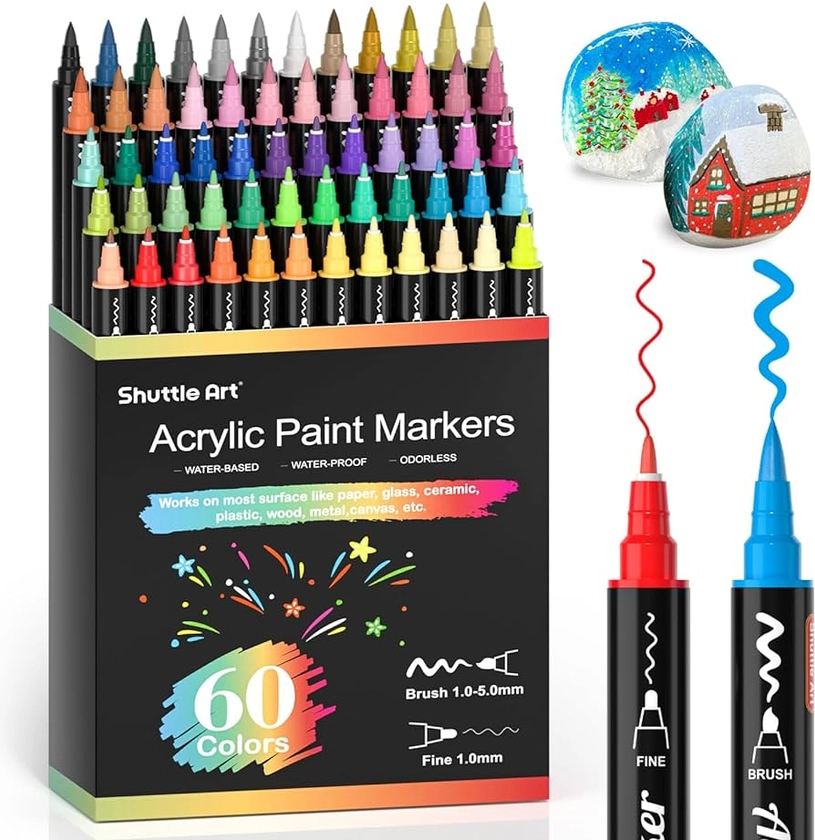 Shuttle Art 60 Colors Dual Tip Acrylic Paint Markers, Brush Tip and Fine Tip Acrylic Paint Pens for Rock Painting, Ceramic, Wood, Canvas, Plastic, Glass, Stone, Calligraphy, Card Making, DIY Crafts