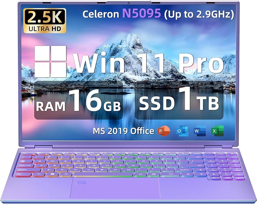 Fsjun 16" Laptop [Win 11 Pro/office 2019] Ultra-Narrow bezels FHD(2560x1600) IPS Display, Celeron N5095, DDR4 16G RAM, 1TB SSD, Color Backlit KB, USB 3.0x2, Type-C, HDMI (16G+1TB,Purple)