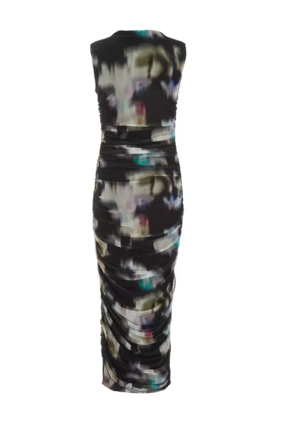 Black Brushstroke Print Mesh Midaxi Dress