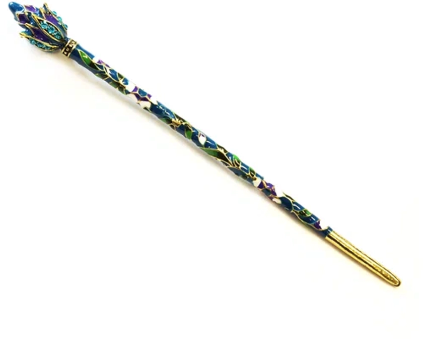 Заколка для волос цветок Лотоса голубая / Японская шпилька для пучка / Канзаши для волос / Китайская заколка