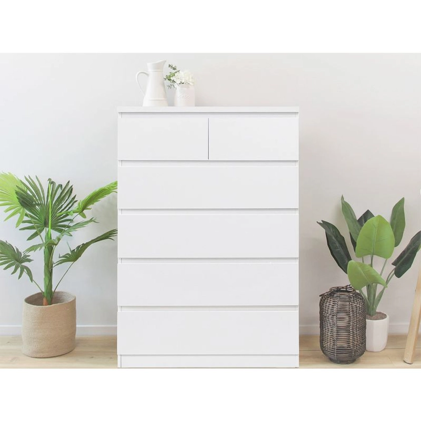 TONGASS Wooden Tallboy 6 Drawers - WHITE