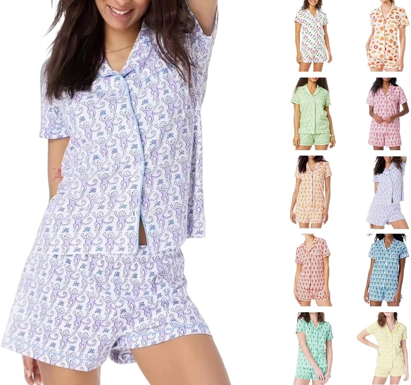 Womens Cute Monkey Pajama Set Preppy Pjs Shorts Y2k Floral 2 Piece Matching Pj Set Short Sleeve Pajama Shirts Set