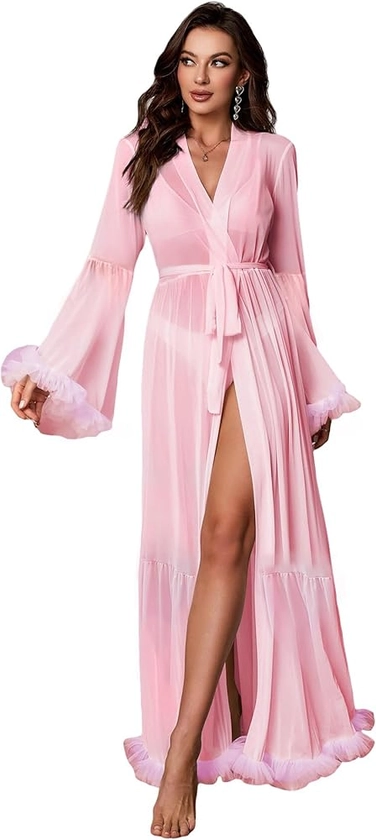 OYOANGLE Women's Ruffle Trim Long Sleeve Belted Sheer Mesh Wedding Bride Robe Nightgown