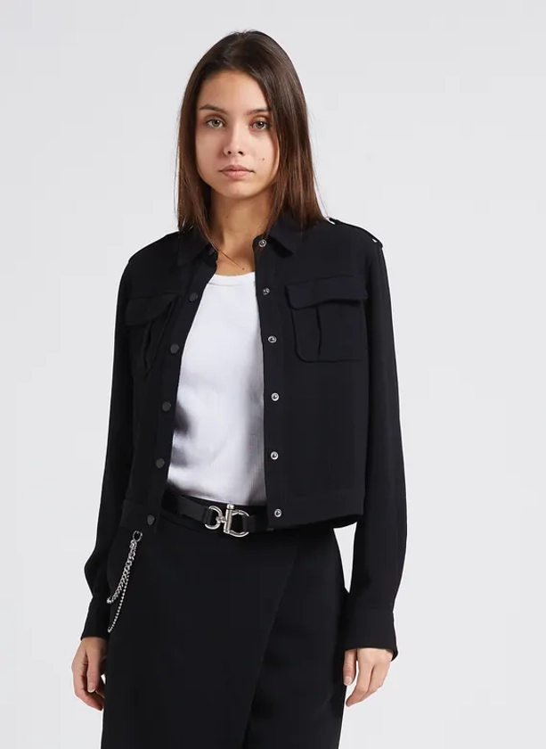 Chemise courte col classique en crêpe  | Noir