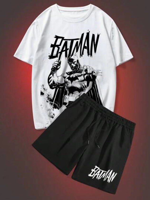 Batman X ROMWE Men'S Cartoon Printed Round Neck T-Shirt And Shorts Two-Piece Set