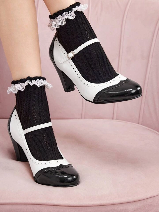 CUCCOO DOLLMOD Zapatos de tacón alto vintage con patrón en blanco y negro