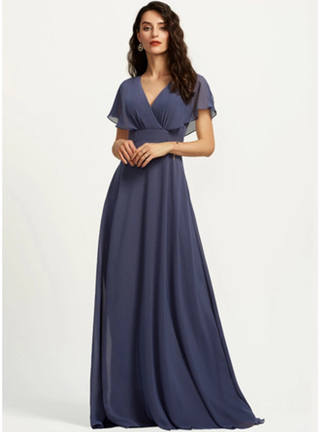 [£ 88] A-line V-Neck Floor-Length Chiffon Bridesmaid Dress (007251588)