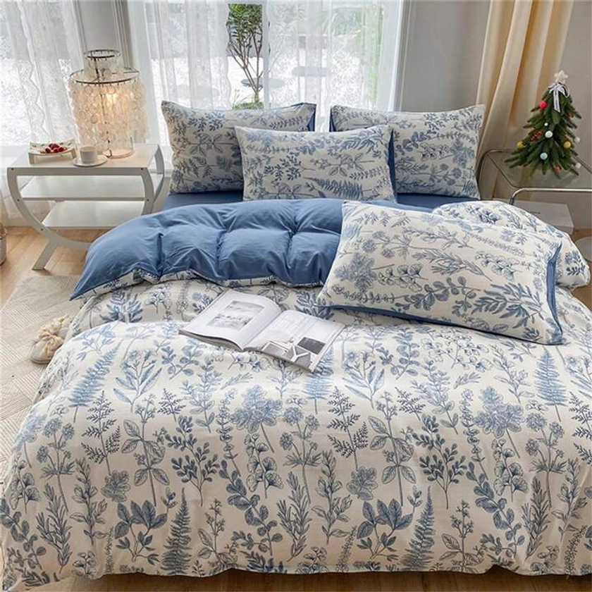 Ensemble de housse de duvet en duvet de plumes imprimée florale botanique comprenant 1 housse de couette et 2 taies d"oreiller, sans couette ; tissu doux et confortable avec processus de lavage à l"eau, adapté à toutes les saisons dans la literie de chambre à coucher.