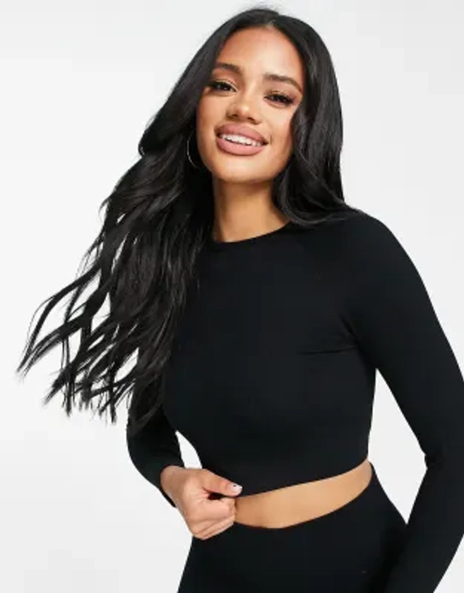 HIIT seamless rib long sleeve crop top in black