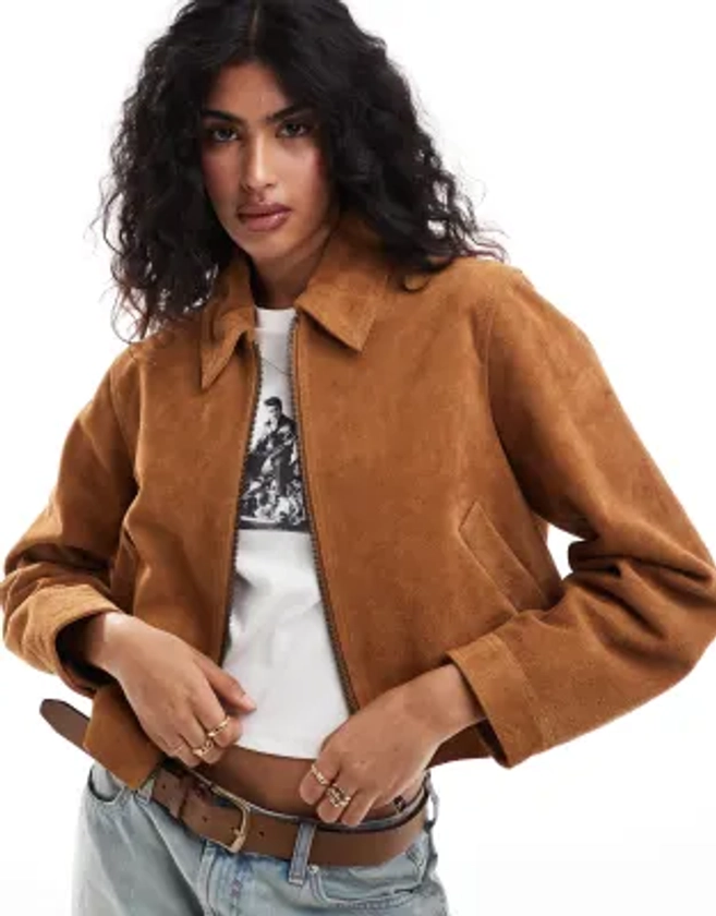 ASOS DESIGN suede top collar jacket in tan | ASOS