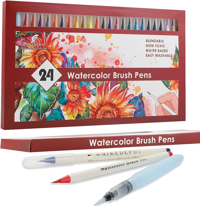 Amazon.com : MAIKEDEPOT Watercolor Brush Pens, 24 Colors Flexible Real Nylon Brush Tip Pens for Watercolor Painting, with 1 Blending Brush, Online Tutorial Video for Artists and Beginner Drawing(24 Colors) : Arts, Crafts & Sewing