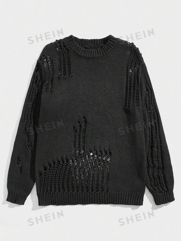 ROMWE Grunge Punk Men Solid Ripped Sweater