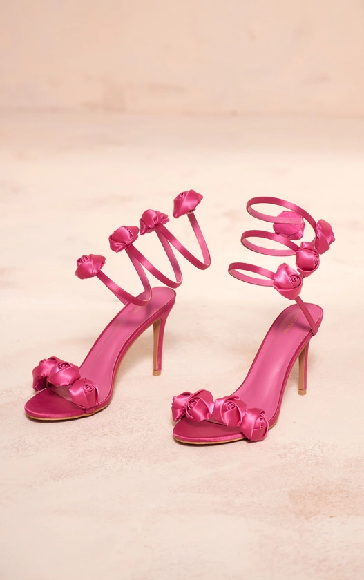 Hot Pink Corsage Spiral Strap High Heeled Sandals