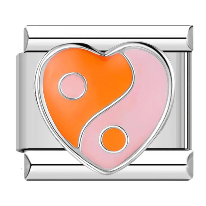 Yin & Yang Heart, Orange & Pink, on Silver