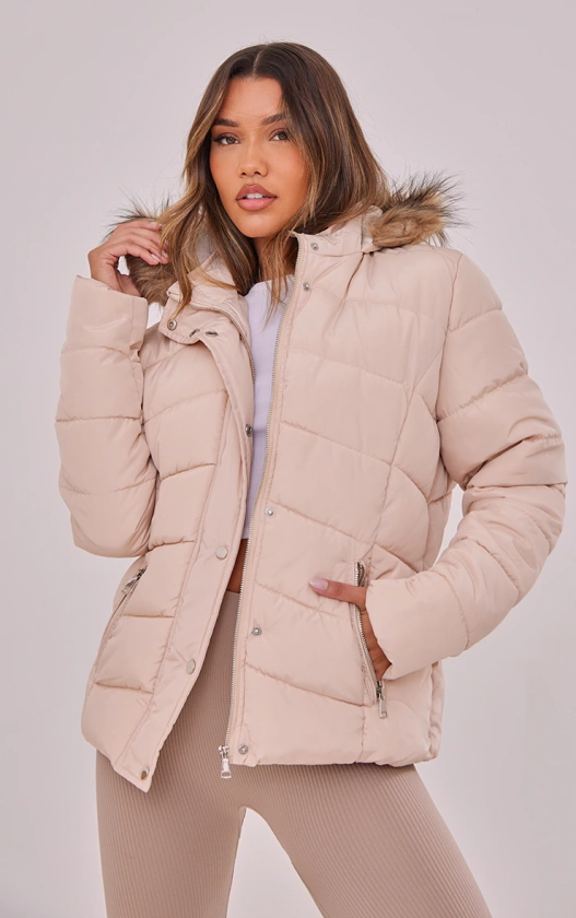 Stone Quilted Mara Faux Fur Hooded Puffer Jacket