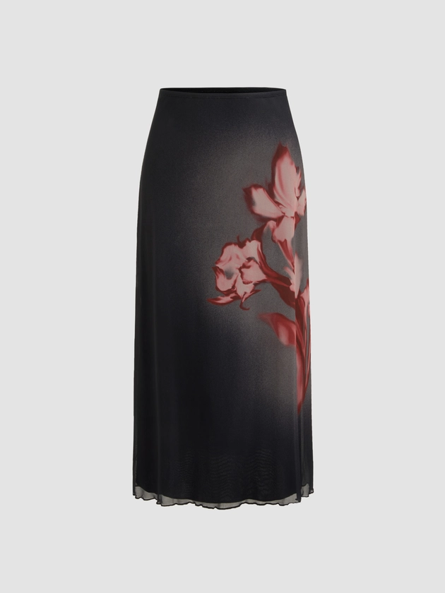 Knit Fabric Mesh Mid Rise Floral Maxi Skirt For Vacation