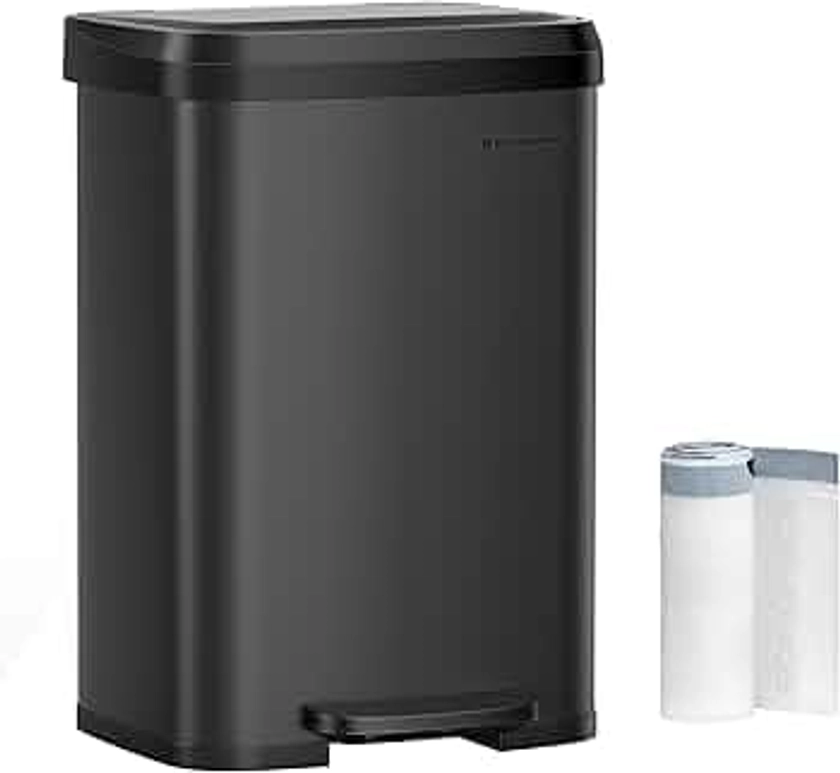 SONGMICS Kitchen Trash Can, 13 Gallon (50 L) Stainless Steel Garbage Can, with Stay-Open Lid and Step-on Pedal, Soft Closure, Tall, Large and Space-Saving, Black ULTB530B50