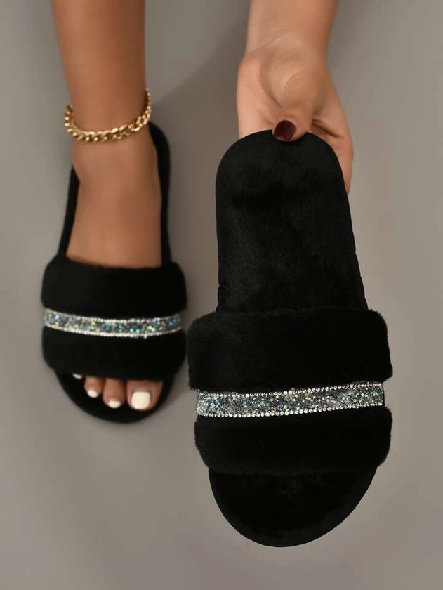Women Rhinestone Decor Fuzzy Slippers, Fashion Indoor Home Slippers