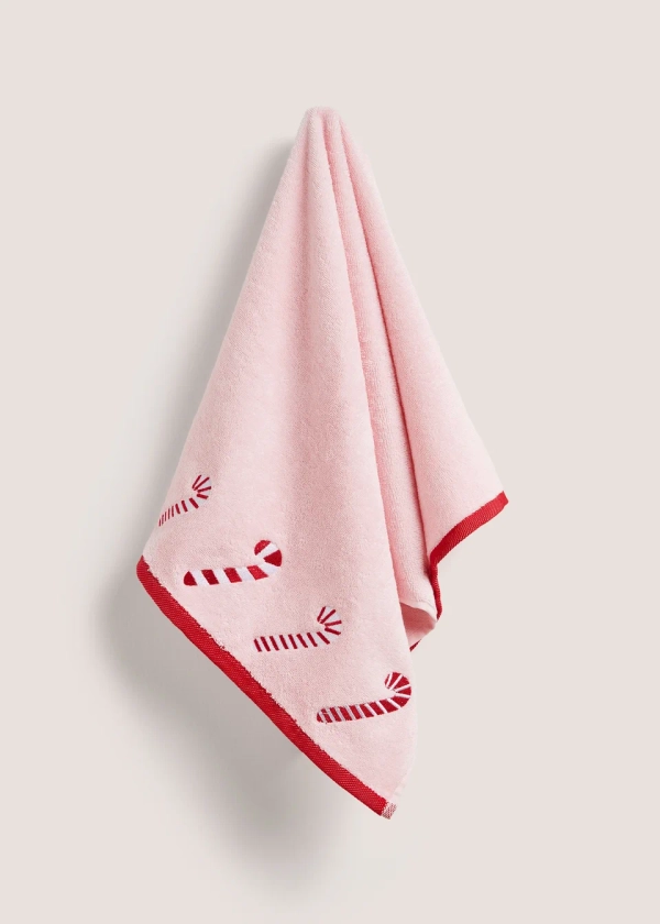 Pink Embroidered Candy Cane Hand Towel