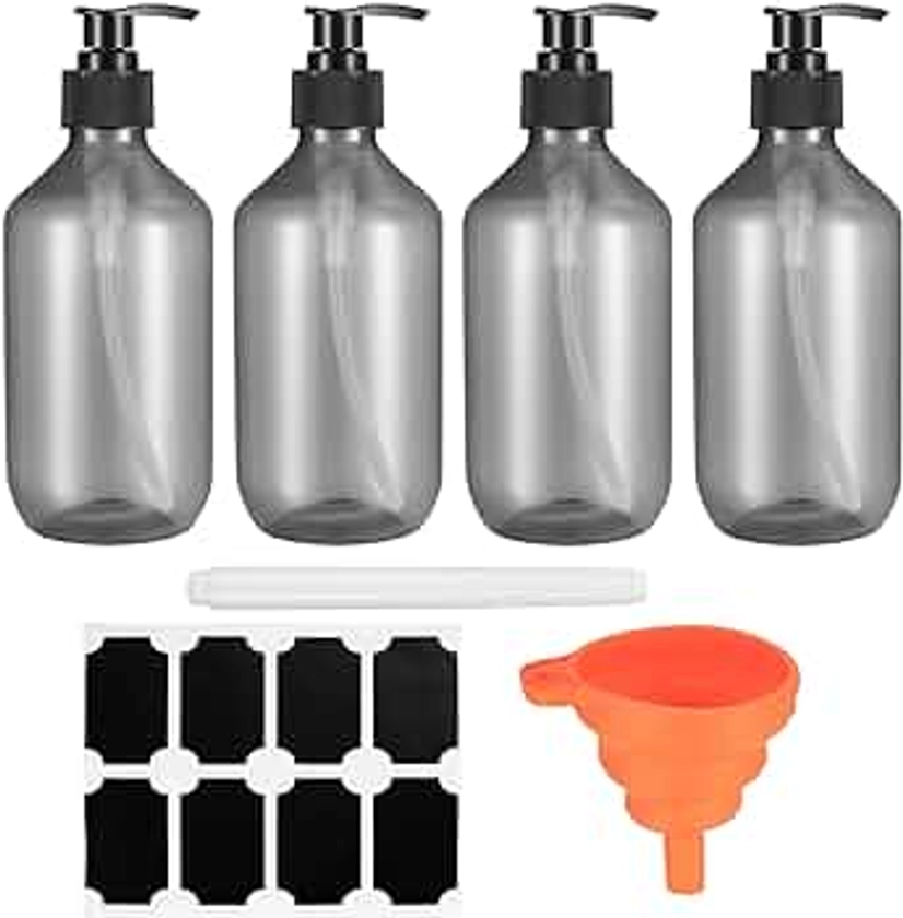 4 Pièces Flacons à Pompe Vides de 300 ML Rechargeables, Distributeur de Pompe de Savon Plastique, avec étiquette, Stylo, Entonnoir
