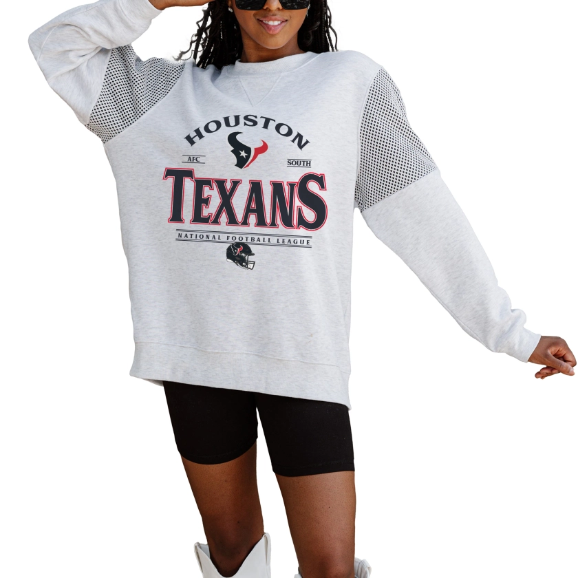 Women's Gameday Couture Ash Houston Texans Rhinestone Star Mesh Shoulder Fleece Pullover Sweatshirt