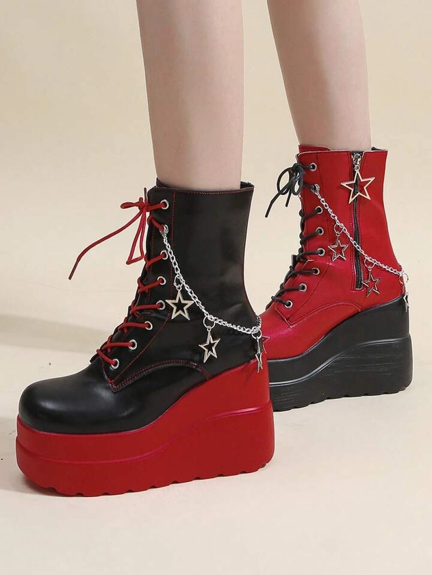 Women's 2024 Autumn And Spring New Punk Style Round-Toe Starry Sky Ankle Boots With Star Chain, Red And Black | SHEIN USA