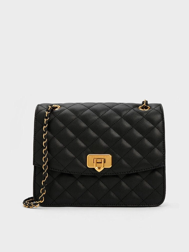 Cressida Quilted Chain Strap Bag - Black