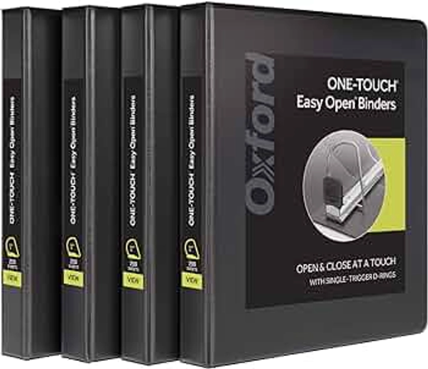 Oxford 3 Ring Binders, 1 Inch ONE-TOUCH Easy Open D Rings, View Binder Covers on 3 Sides, Durable Hinge, Non-Stick, PVC-Free, Black, 4 Pack (79903)