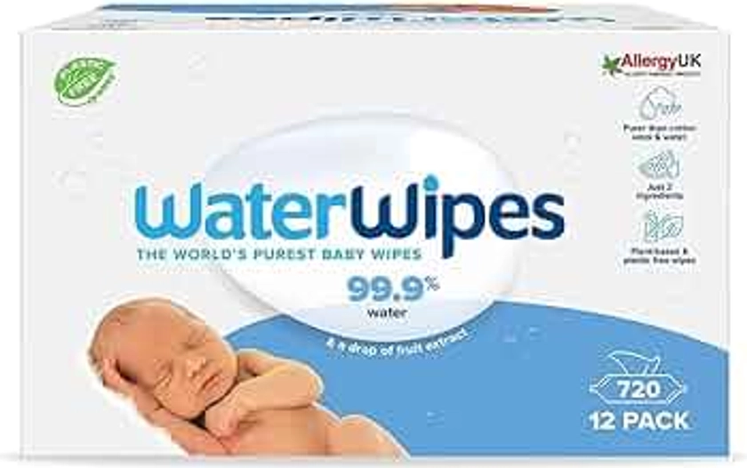 WaterWipes Plastic-Free Original Baby Wipes, 99.9% Water Based Wipes, Unscented for Sensitive Skin, 720 count (Pack of 12)
