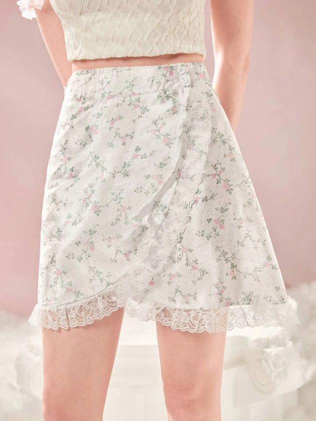 Sweetness Ditsy Floral Lace Trim Wrap Skirt