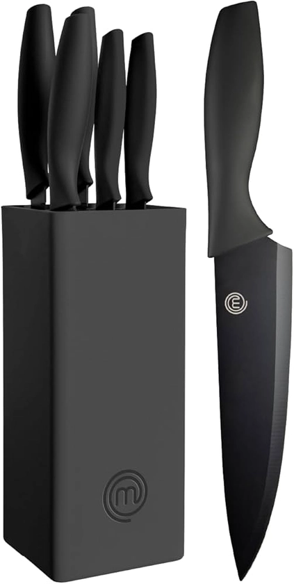 MasterChef Knife Set with Block, 5 Kitchen Knives with Sharp Stainless Steel Blades (Chef, Paring, Utility, Carving, Bread) Soft Touch Easy Grip Handles & Universal Knife Holder, Essential Black