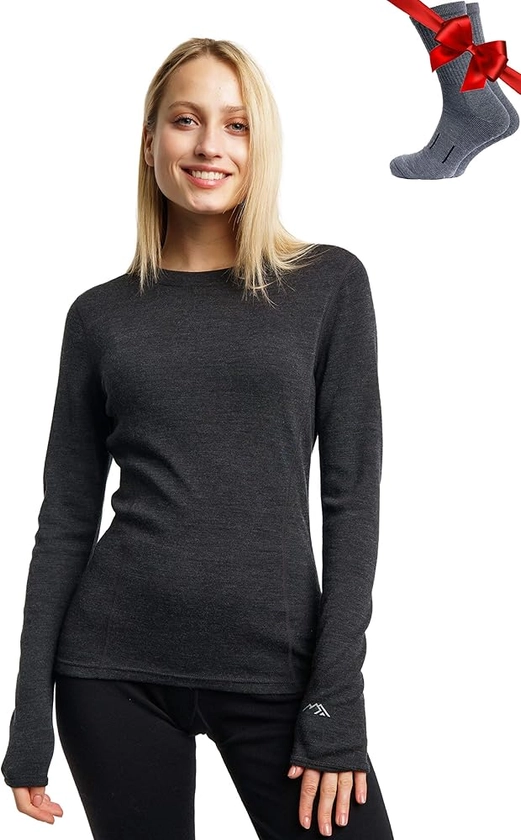 Merino.tech Merino Wool Base Layer Women 100% Merino Wool Midweight, Lightweight Long Sleeve Thermal Shirt + Wool Socks