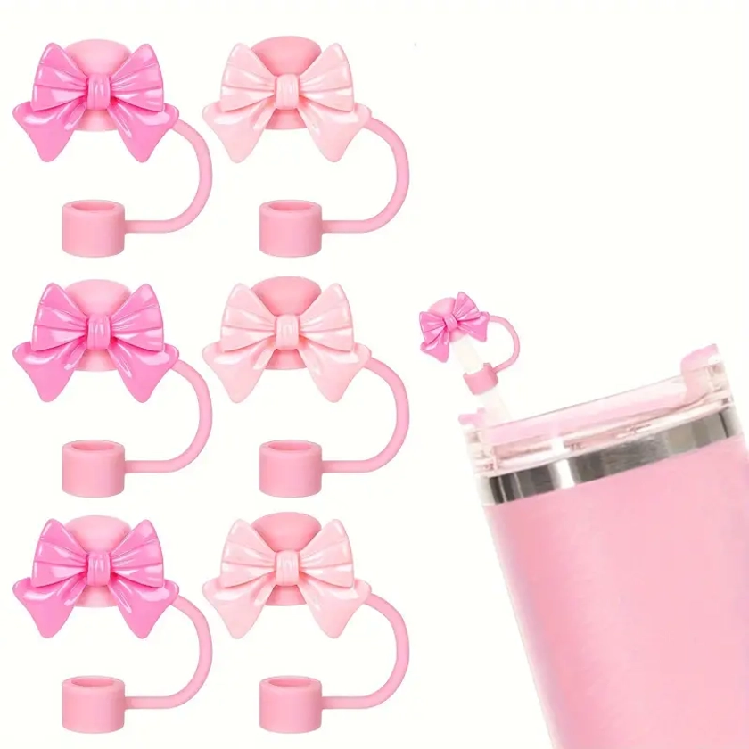 Pink Bowknot Silicone Straw Covers, Reusable 0.4in Drinking Straw Tips, Cute Portable Straw Protectors, Easy To Clean, Cup Accessory Decor