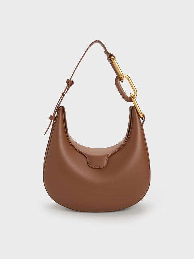 Chocolate Kora Metallic-Accent Moon Bag | CHARLES & KEITH