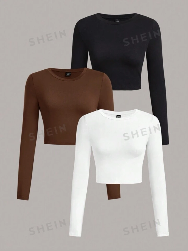 SHEIN Essnce 3 Pièces /ensemble T-shirts Slim À Manches Longues De Base Décontractés Pour Femmes En Noir, Blanc Et Marron