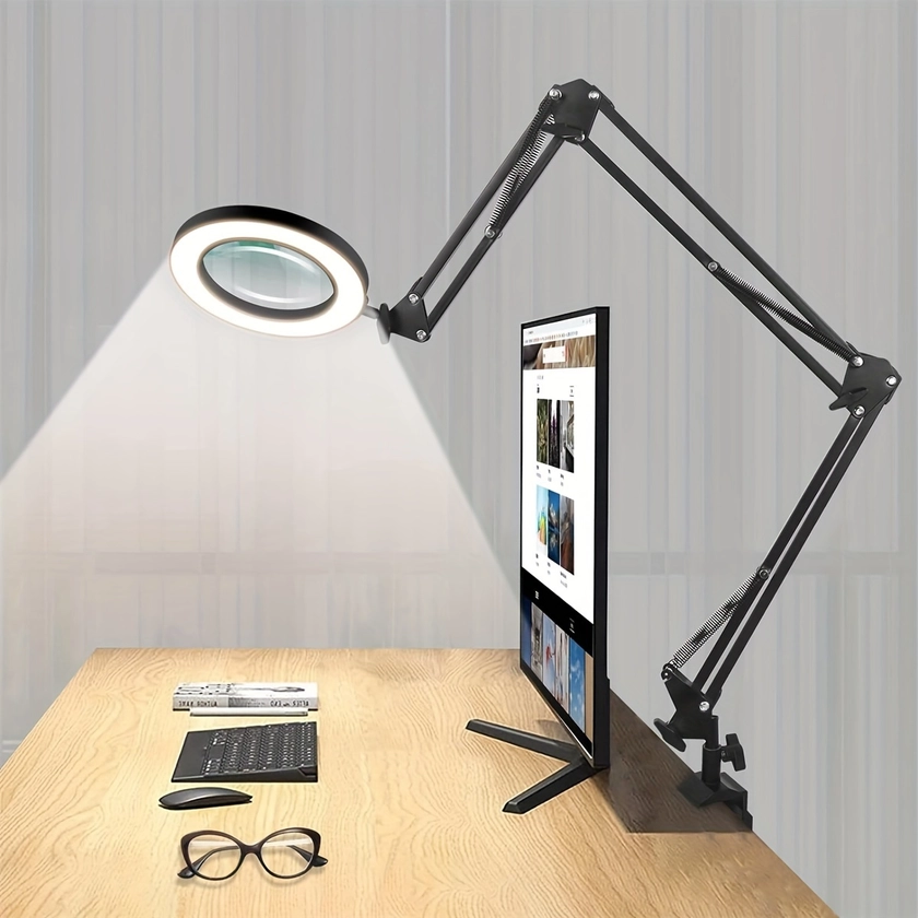 1pc LED Magnifying Desk Lamp With 5* Lens, Flexible Swing Arm, 3 Color *, Dimmable Clamp-on Table Light For Reading, Crafts & Workbench - US