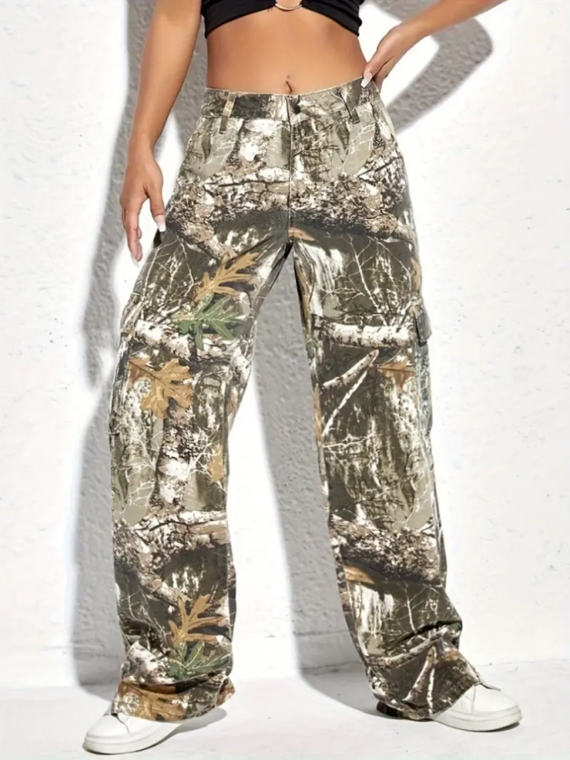 Women's * High Waist Camouflage Baggy Wide Leg Cargo Jeans with Pockets