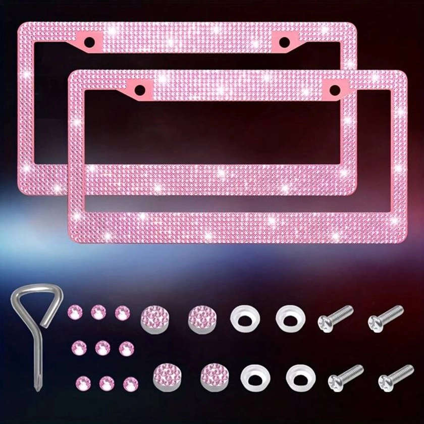 2pcs Glittery Plastic License Plate Frame - Stainless Steel And Shiny Drill Cover Rust Resistant