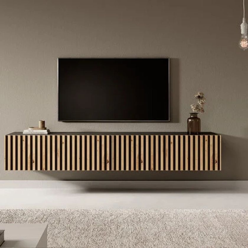 Selsey TELIRE - Meuble TV 175 cm noir avec façade artisanale chêne fraisé
