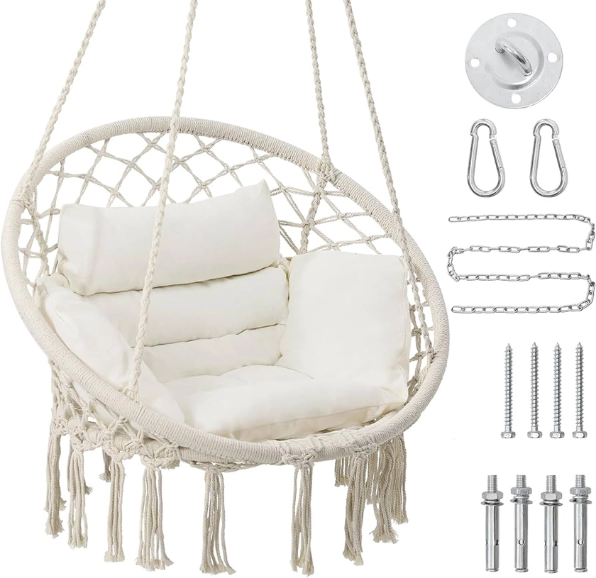 Macrame Hammock Hanging Swinging Chair with Medium Cushion, Perfect for Bedroom, Porch, Adults, Balcony, Beige
