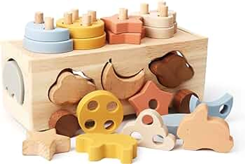 Shape Sorter Toys for Toddlers 1-3 Montessori Stack Toy Car for 1 Year OldBaby Blocks Sorting Wooden&Silicone Educational Car Stacking Toys Montessori Toy1 2 3 Year Old Girls Boys Gifts