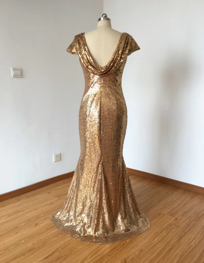 Cap Sleeves Bronze Sequin Long Bridesmaid Dress