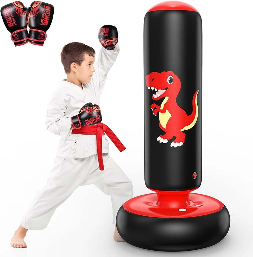 QPAU Sac de Boxe pour Enfants, Sac de Boxe Gonflable Pied pour 3-8 Enfants, Cadeaux pour GarçOns et Filles, Sac Boxe Debout pour Enfants Set pour Pratique du Karaté, Taekwondo