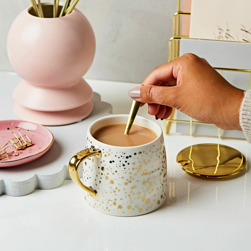 Gold Speckled White Mug With Spoon and Lid | Martha Brook