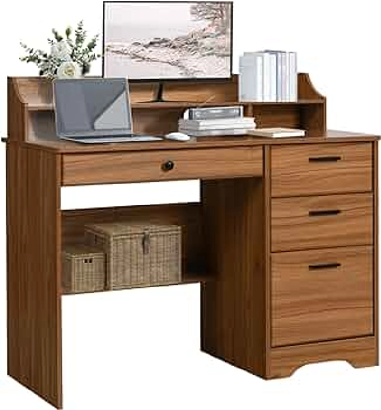 Computer Desk with 4 Drawers and Storage, Small Office Desk with File Drawers and Hutch, Farmhouse Wood Writing Student Table for Home Office, Bedroom, Rustic Oak