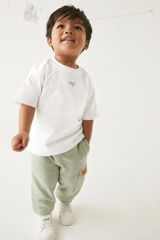 White and Green Short Sleeve T-Shirt and Cargo Jogger Set (3mths-7yrs)