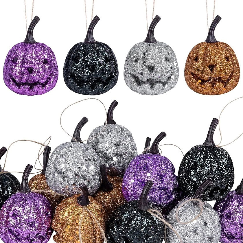 12 Pcs Halloween Hanging Pumpkin Ornaments- Halloween Jack-O-Lanterns Ornaments- Glitter Foam Hanging Pumpkin for Halloween Thanksgiving Xmas Tree Decoration