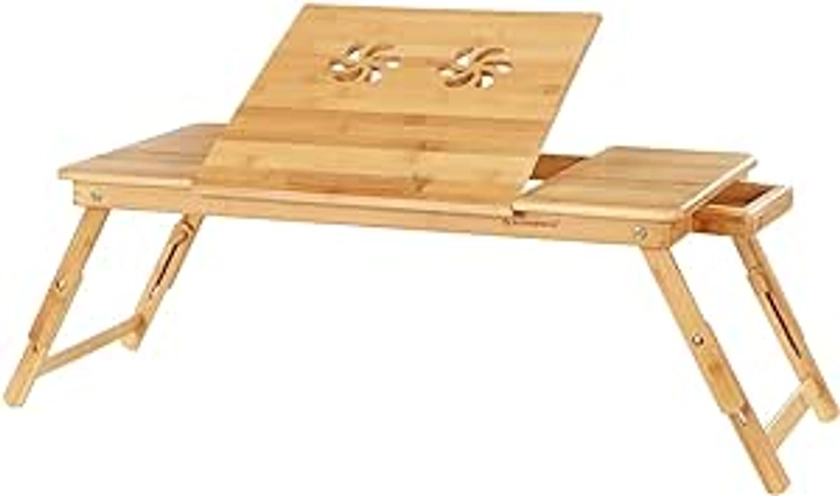 SONGMICS Bamboo Laptop Desk, Foldable Bed Table, for Left-hander, Right-hander, Height Adjustable Sofa Tray, 72 x (21-29) x 35 cm (B x H x T), with 5 Tilting Angles, Air Holes, Small Drawer LLD004