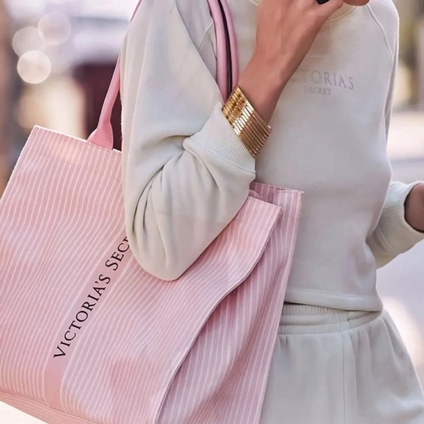 Victoria’s Secret Limited Edition Pink Striped Logo Canvas Tote Bag